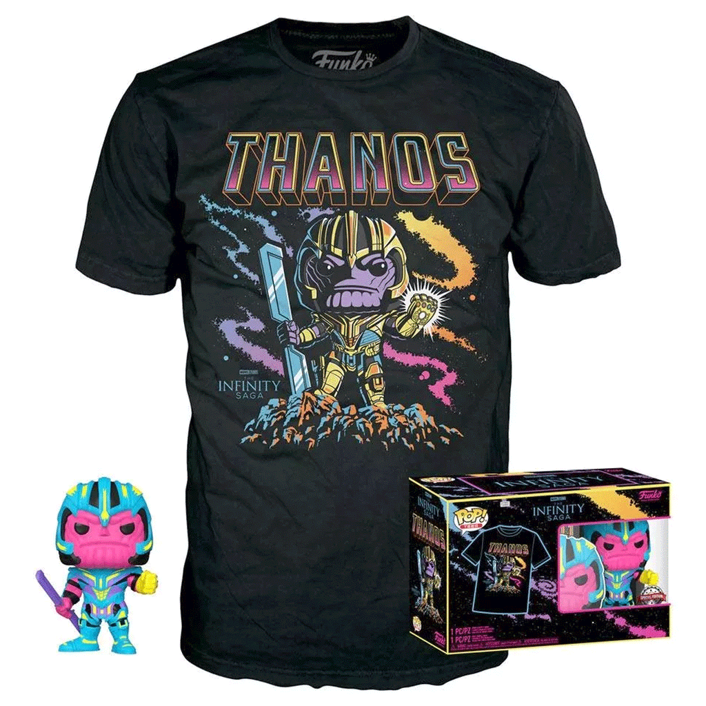 Funko Pop! Marvel Studios The Infinity Saga – Thanos Black Light T-Shirt & Bobble-Head Box Set