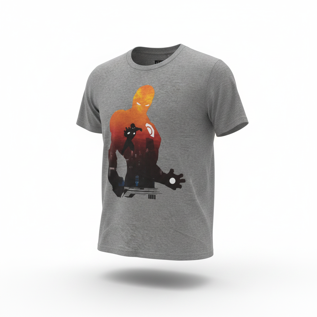 Official Marvel Iron Man Sunset Silhouette Graphic Tee – Heather Grey Crewneck T-Shirt RRP £18