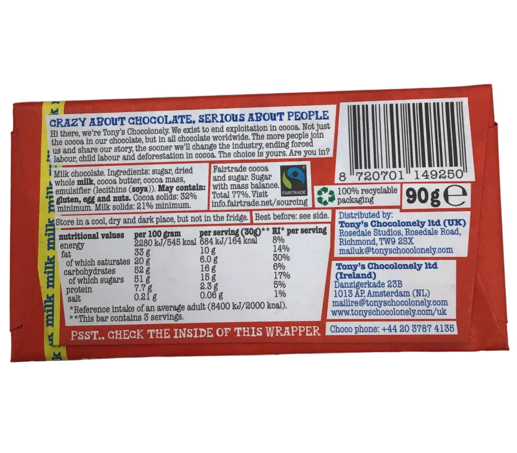Tony’s Chocolonely Classic Milk Chocolate Bar (90g)