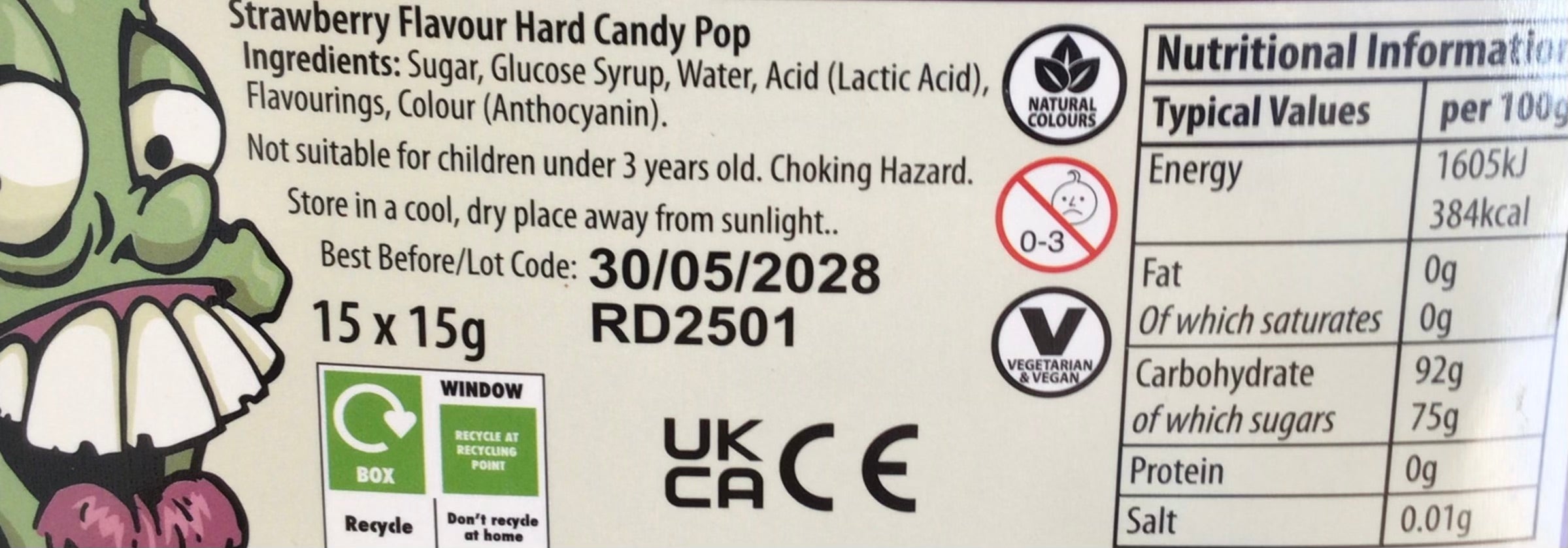 Zombie Teeth Strawberry Hard Candy Pop (15g)